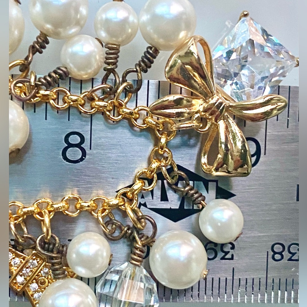LilyLilyL Charming Gold-Tone & Pearl Statement Necklace w/Bow & Crystal Charms - Picture 9 of 10